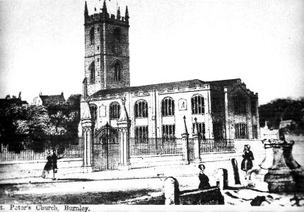 St.Peter's Church Burnley in the Mid 1800's.  Market Cross, Stocks and Whipping Post in foreground